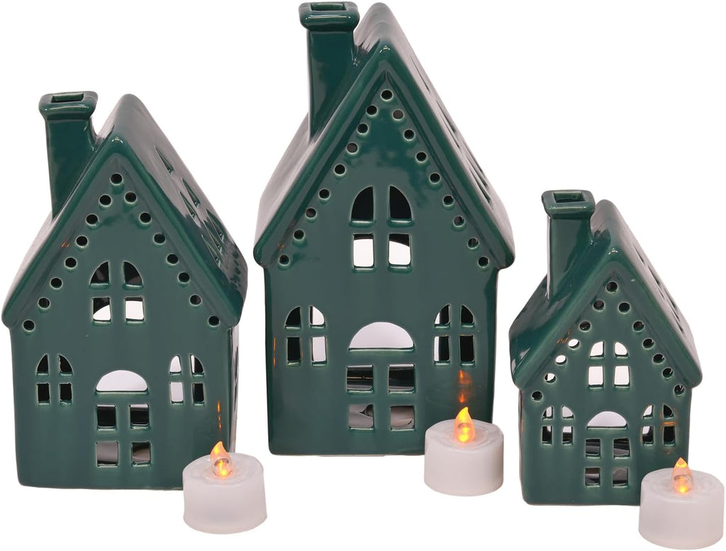 Regine Switzerland Deep Green Porcelain Holiday Tea Light Village House Figurines - Set of 3, 8 Inch