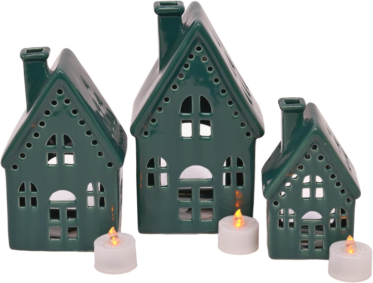Regine Switzerland Deep Green Porcelain Holiday Tea Light Village House Figurines - Set of 3, 8 Inch