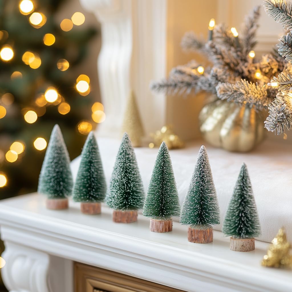 Skiennix 10-Pack Mini Christmas Tree Bottle Brush Ornaments - 4-Inch Snowy Decor with Wooden Base