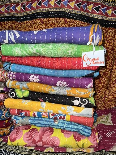 Handmade Indian Vintage Kantha Quilts - Reversible Cotton Blanket, Twin Size 85x55 Inches