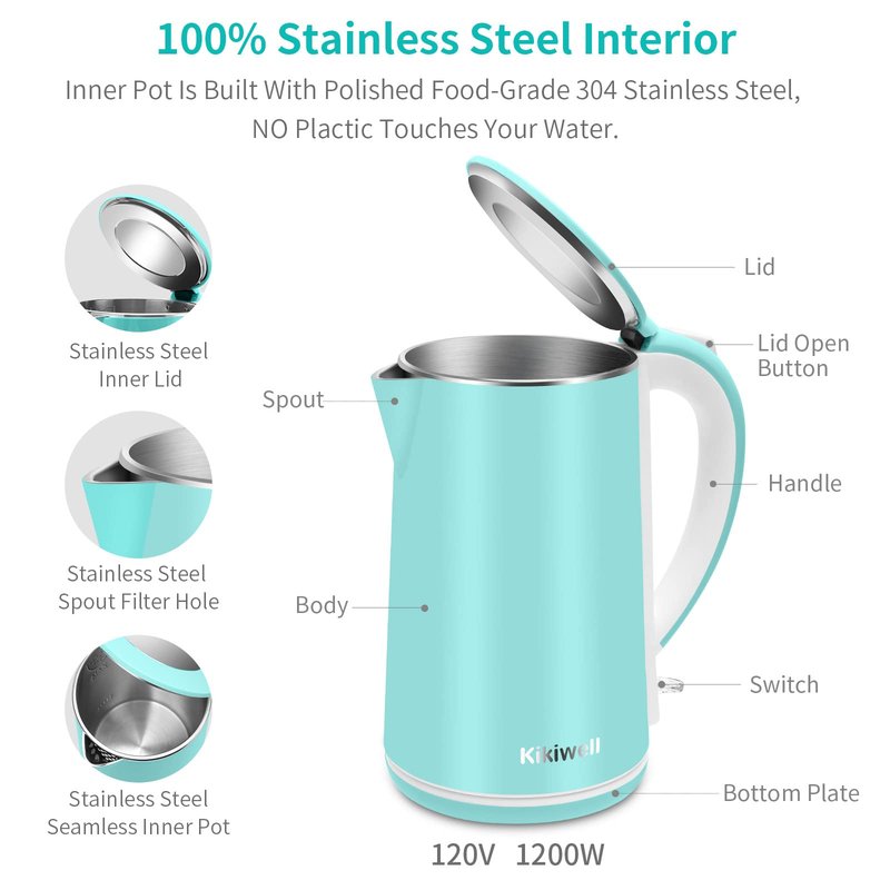 Electric Kettle Stainless Steel for Boiling Water, Double Wall Hot Water Boiler Heater, Cool Touch Electric Teapot, Auto Shut-Off & Boil-Dry Protection, 120V/1200W, 1.8Liter, 2 Year Warranty(Sky Blue)
