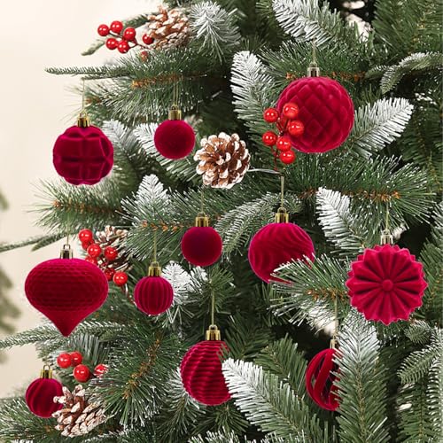 Yumatouch Velvet Burgundy 48Pcs Christmas Ball Ornaments - Flocked, Shatterproof Assorted 1.57/2.36/3.15Inch with Buckle & Rope