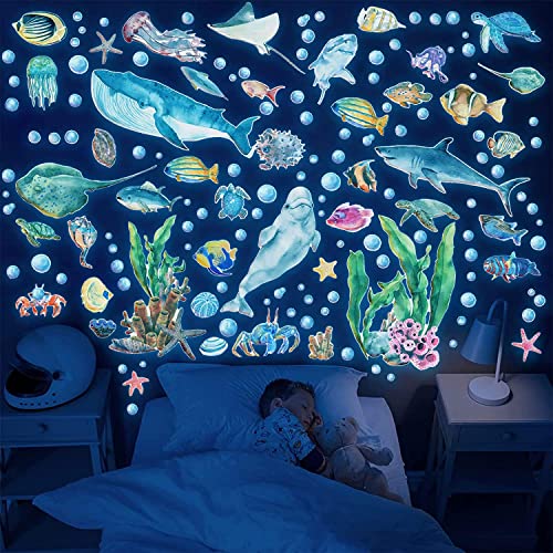 Glow in the Dark Ocean Wall Decals – Watercolor Sea Life Stickers for Kids
