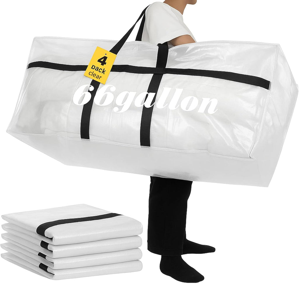 Skiennix 66 Gallon Extra Large Heavy-Duty Moving Bags - Foldable Jumbo Storage Tote with Strong Zipper Handle (Clear)