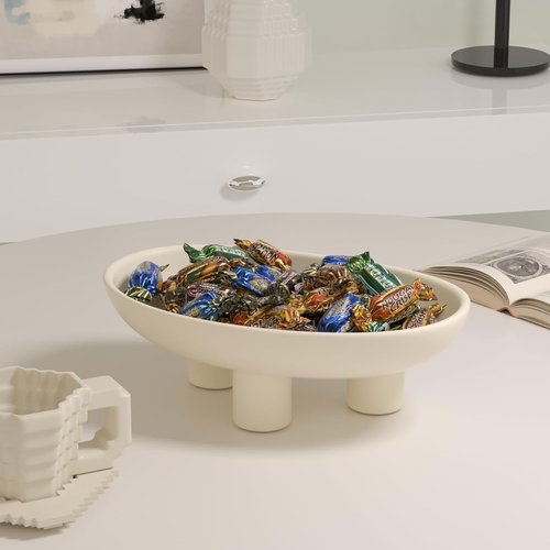 Relexome Three-Legs Ceramic Fruit Bowl for Kitchen Counter 10.24 Inch Modern Decorative Pedestal Bowl Oval Footed Serving Fruit Bowls Basket for Key Candy Breads Entryway Table Decor (Matte Crème)