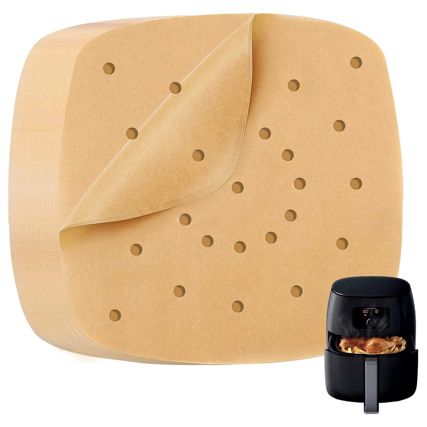 Katbite 200Pcs 8.5 inch Air Fryer Parchment Paper Liners, Unbleached Air Fryer Paper Liners Disposable，Non-Stick & Heavy Duty Square Perforated Parchment Paper for Steamer, Oven, Air Fryer