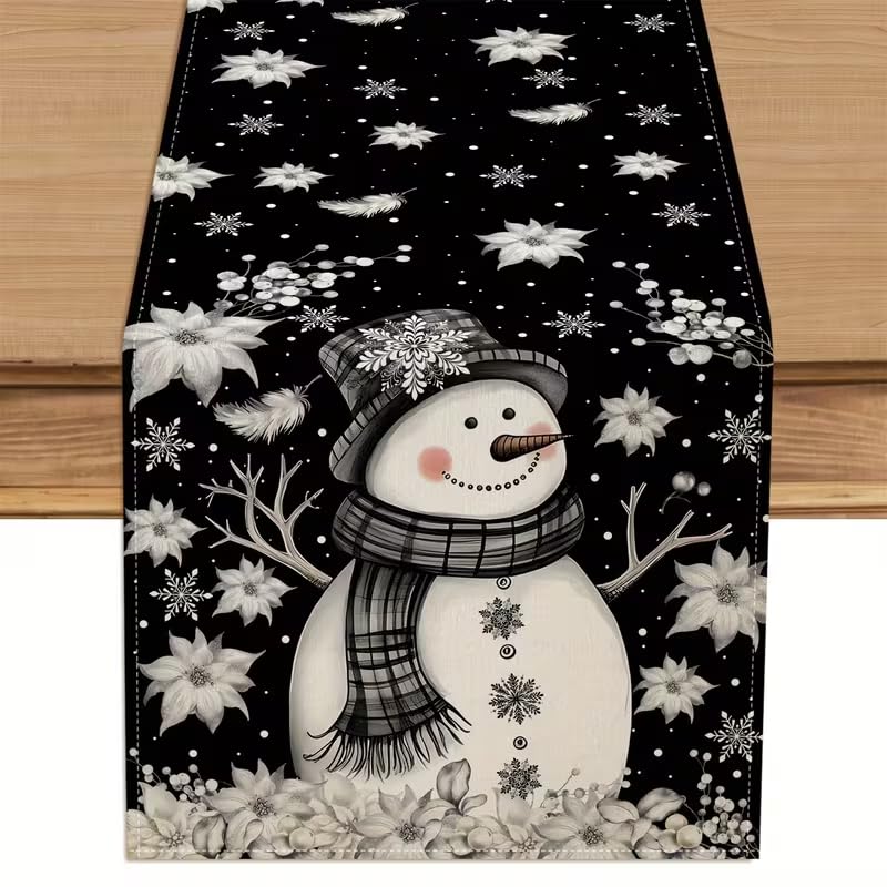 CQFusSTORE 13x60 Inch Xmas Snowman Feather White Floral Black Table Runner - Holiday Seasonal Decor