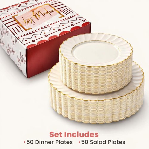 By Madee HEAVYWEIGHT 100 Pc Ivory and Gold Scalloped Disposable Plates for Party | 50 Dinner & 50 Dessert Heavy Duty Pastic Plates | Elegant and Fancy (50 Guests)