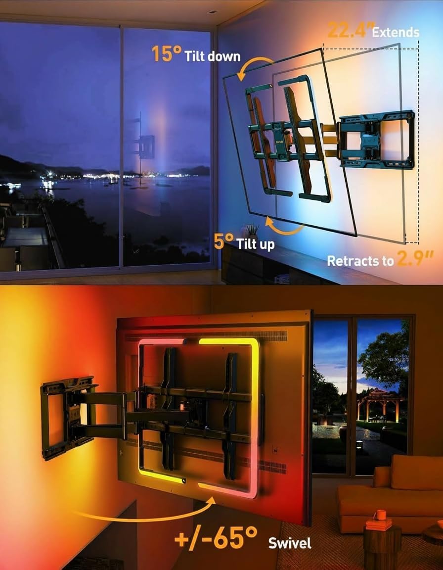 Perlegear AuraFrame™ Full Motion TV Wall Mount with LED Light - Fits 42″–90″ TVs Up to 150 lbs, Max VESA 600 x 400mm