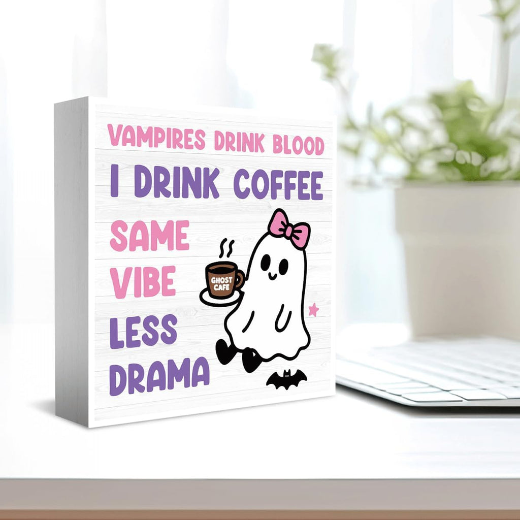 Skiennix Halloween Office Decor - Cute Ghost Coffee Bar Wooden Box Sign | 5x5 Inches for Home & Shop