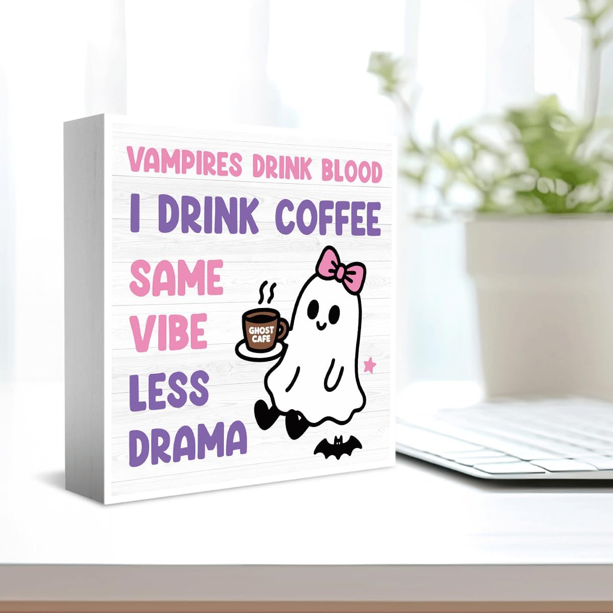 Skiennix Halloween Office Decor - Cute Ghost Coffee Bar Wooden Box Sign | 5x5 Inches for Home & Shop