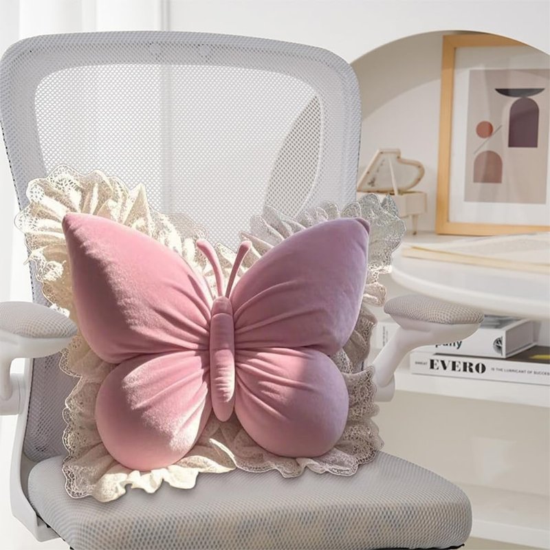 Butterfly Throw Pillow,21.6 inch Velvet Butterfly Decorative Pillow with Lace Trim,Animal Pillow for Couch Living Room Bed,Home Garden Decor (Pink)