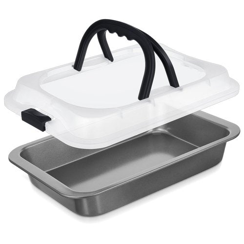 Qinyoung 1 Pcs Cake Baking Pan with Lid and Handle, 9 x 13 Inch Non-stick Rectangle Sheet Cake Pan Carrier for Brownie Roasting Cooking Baking (Black Gray)