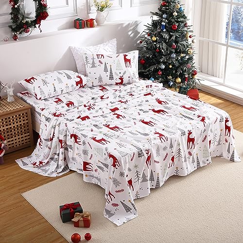 StarBedia Christmas Flannel Sheet Set King 100% Cotton Deep 16" Pocket Gray Deer