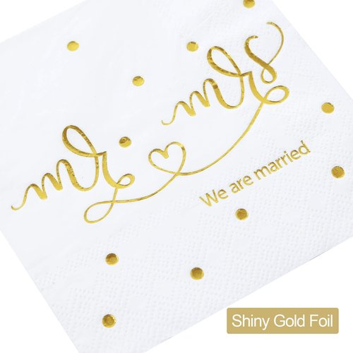 Gexolenu Mr & Mrs Wedding Cocktail Napkins Gold Foil, Dessert Disposable Beverage Paper Napkins for Wedding Shower Party Decorations and table decorations Supplies, 100 pcs