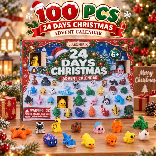 Christmas Advent Calendar with 100 3D Printed Animal Fidget Toys for Kids