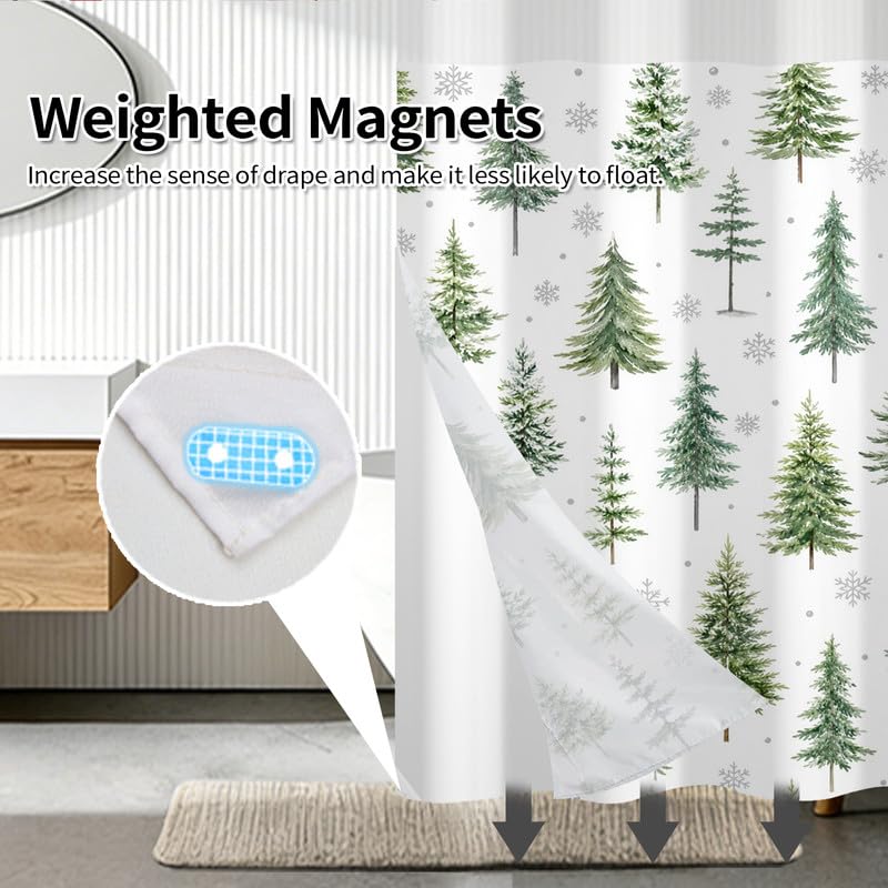 Leowefowa 71"x74" No-Hook Christmas Pine Tree Shower Curtain with Snap-In Liner, Waterproof Polyester Holiday Bath
