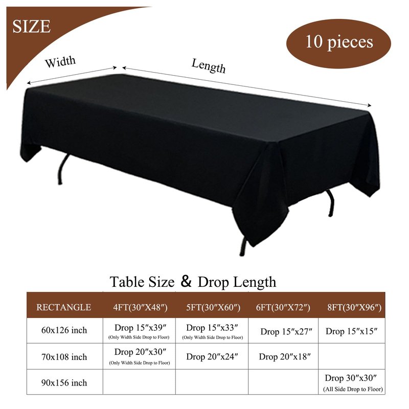 10Pack Black Table Cloths for 8 Foot Rectangle Tables 60 x 126 Inch, 8FT Black Tablecloth Rectangle Bulk Linen Polyester Fabric Washable Cloth Cover for Wedding Reception Banquet Birthday Party