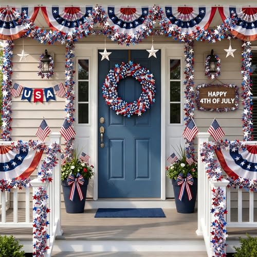 Patriotic Red White & Blue Star Tinsel Garland - 52.5ft 4th of July Decor