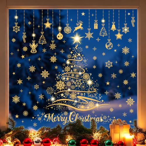 Joeyan Gold Christmas Tree Window Clings - Large Holiday Decor, 9 Sheets