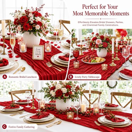 Miraluna 24 Pack Red Cheesecloth Table Runner 17 x 108 Inches – Semi-Sheer Fabric for Weddings & Events