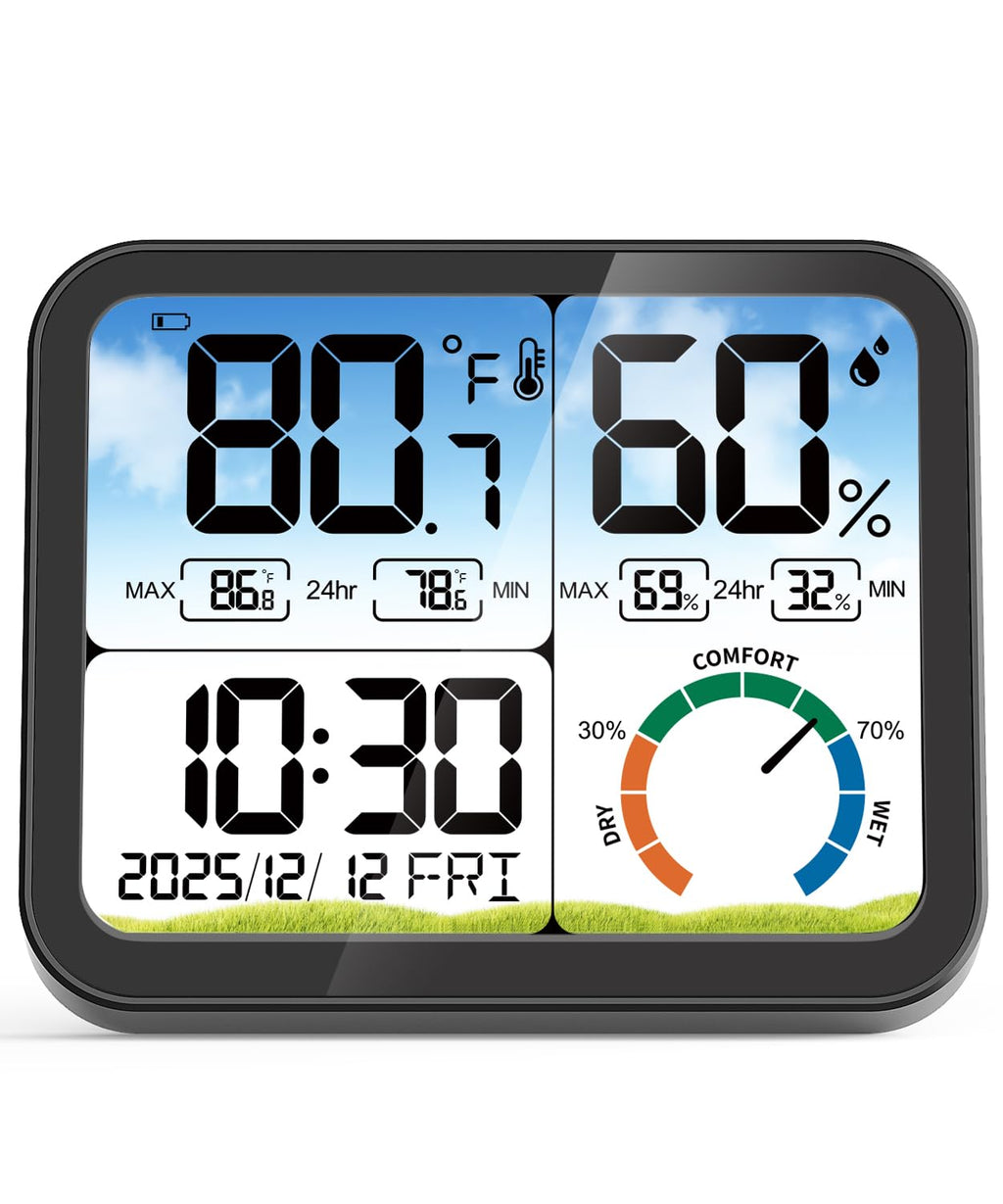 VOCOO Digital Indoor Thermometer - 5.8'' Large Display Temperature & Humidity Sensor with Accurate Readings, Backlit, Date & Clock