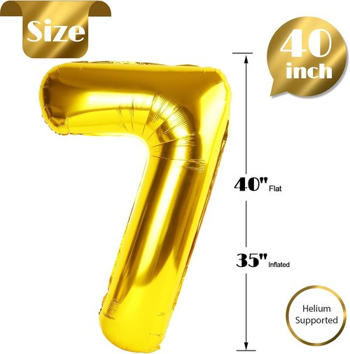 Gold Number 7 Balloon - 40 Inch Giant Foil Balloon for 7th Birthday Party Decorations