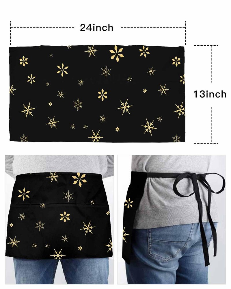 Black Snowflake Christmas Server Aprons with 3 Pockets, Xmas Yellow Winter Snowflake Waist Aprons for Women Men, Waitress Waiter Half Apron for Kitchen Chef Cooking