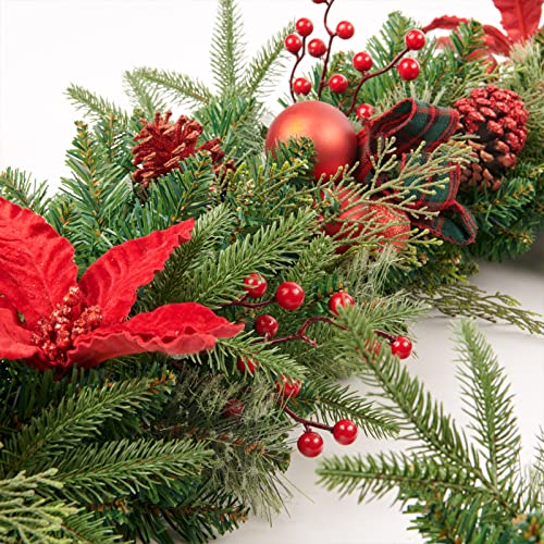 9Ft Red Poinsettia Christmas Garland with Lights - Pre-lit Holiday Decor for Indoor Outdoor, Plug-In, AMERZEST