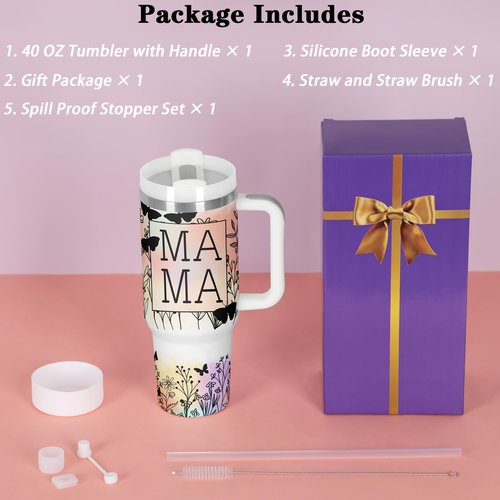 Temolulu 40 Oz Stainless Steel Mama Tumbler with Handle, Insulated Double Wall Vacuum for Cold & Heat Preservation, Great Mother's Day Gift