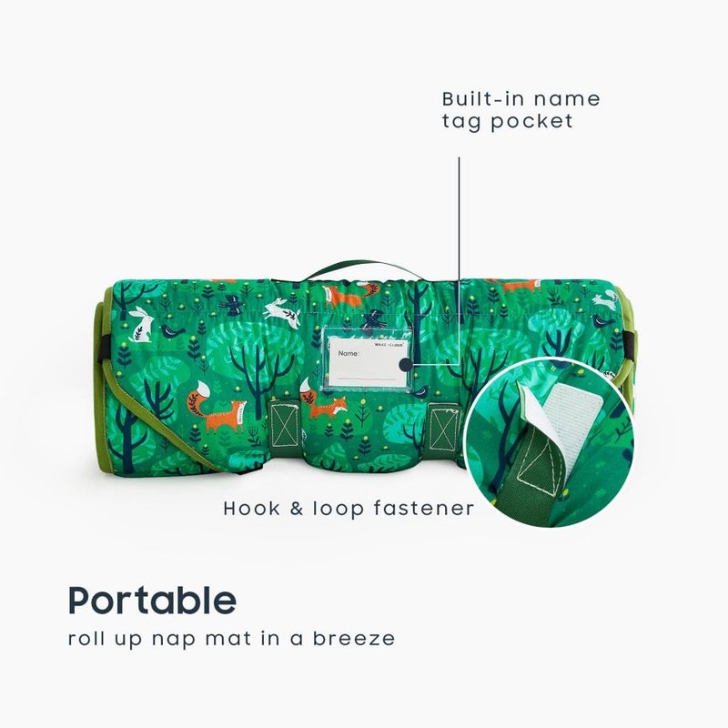 Wake In Cloud - Cot Nap Mat with Pillow and Blanket, for Toddler Kids Boys Girls in Daycare Kindergarten Preschool Pre K with Elastic Corner Straps, Cartoon Animals Trees, Forest Green