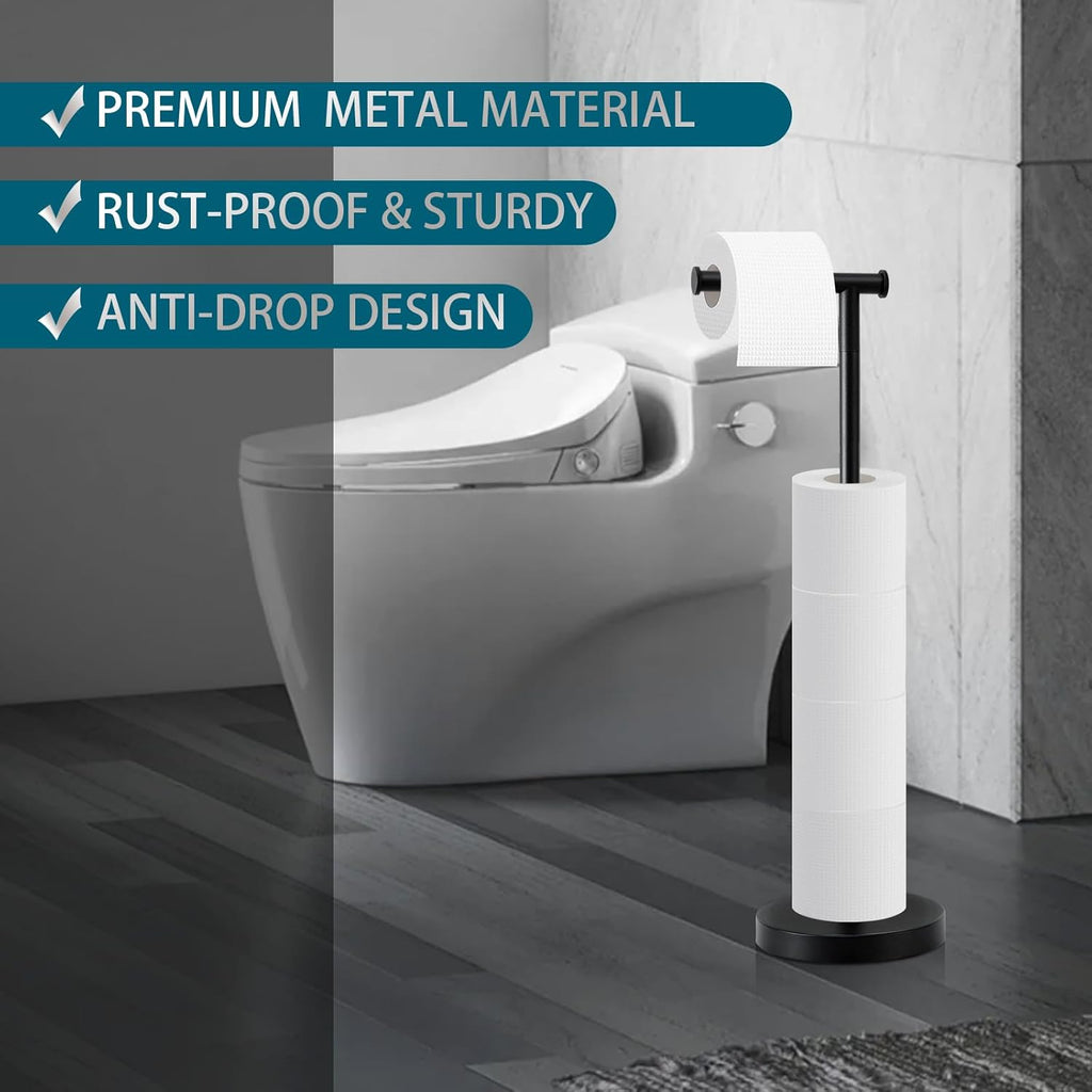 Skiennix Toilet Paper Holder Stand - Rustproof Free-Standing Design with Stable Weighted Base | Black Finish