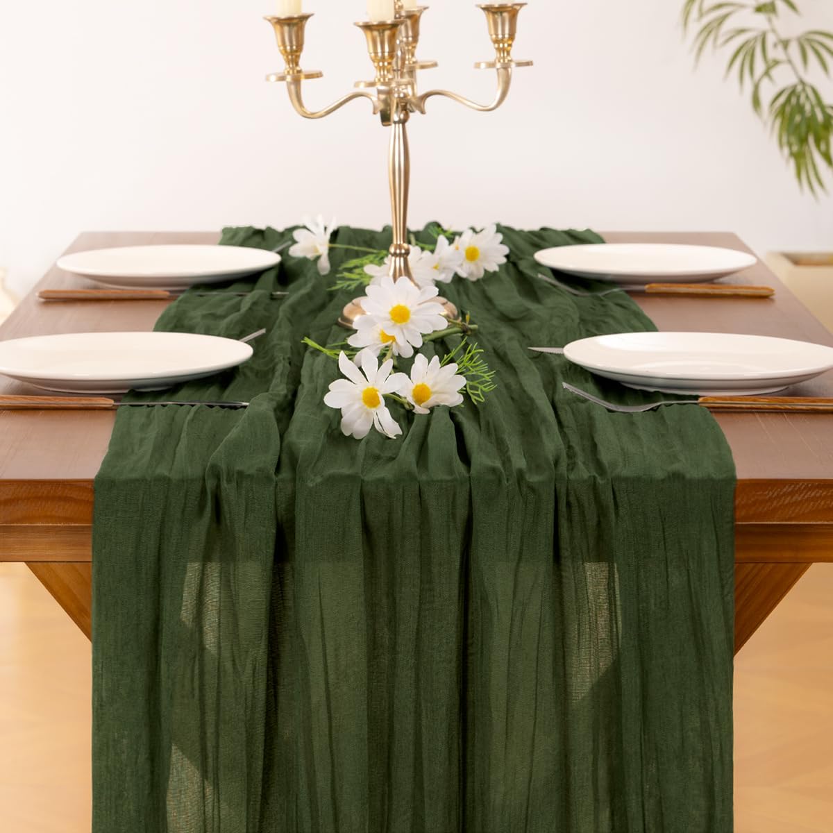 Socomi Olive Green Cheesecloth Table Runner - 120 Inch Boho Rustic Gauze for Weddings & Events
