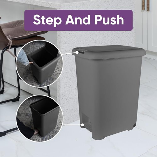 Superio 45L Slim Step & Push Trash Can with Wheels - Dual Opening, Space-Saving Design (17.52"x13.07"x22.24") - Gray