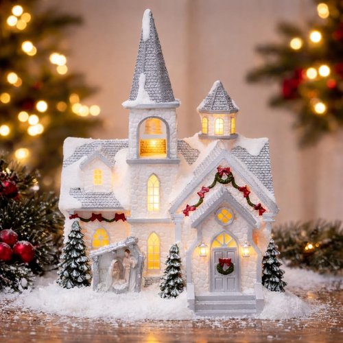 Moments In Time Lighted Musical Church | 11.7” Hand-Painted Christmas Village House with LED Lights
