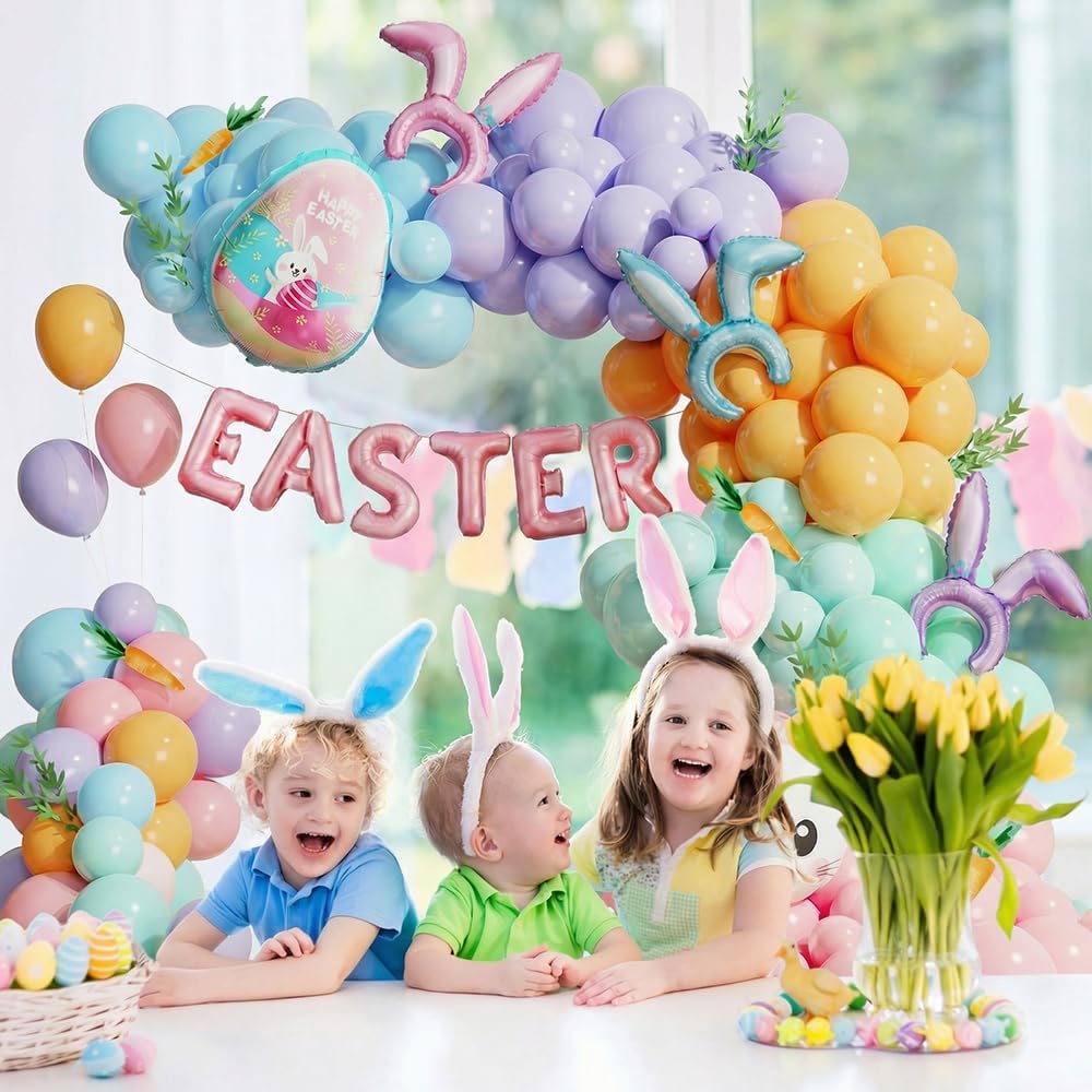 Pastel Easter Balloon Arch Kit by [Brand Name] - 145PCS with Bunny Ear Headband & Foil Balloons for Spring Celebrations