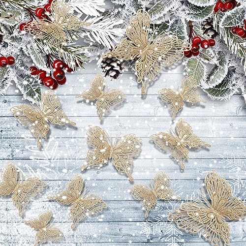 Jutom 24 Pcs Champagne Gold Butterfly Christmas Ornaments – Glitter 3 Sizes with Clips & Stems