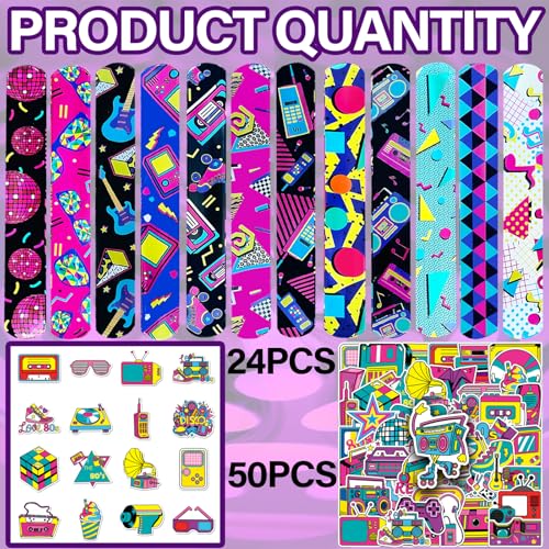 74-Piece 80s Party Favors Set: 24 Retro Slap Bracelets & 50 Stickers