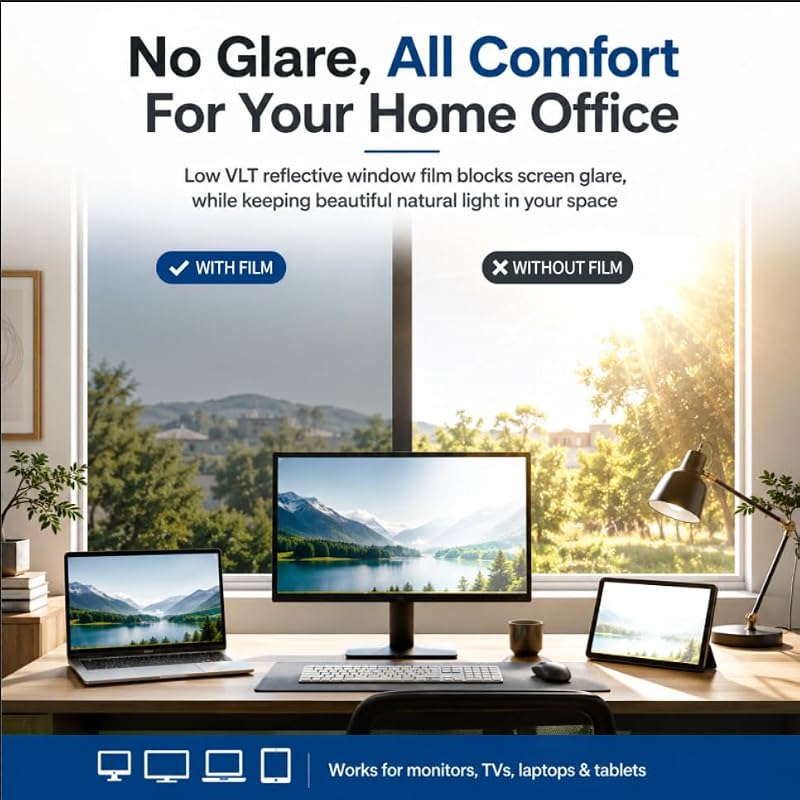 One Way Window Privacy Film, Heat Control Static Cling Mirror Tint, 17.5" x 6.5'