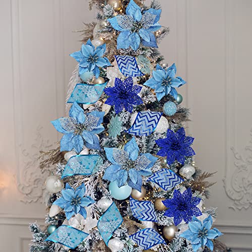 Blue Christmas Poinsettia Flowers & Ribbon Set - Holiday Decor, 24 pcs