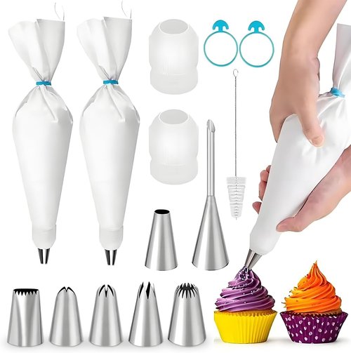 14PCS Reusable Piping Bags Set by [Brand Name] - 16-Inch Pastry Bags, 7 Tips & Cleaning Brush for Cake Decorating