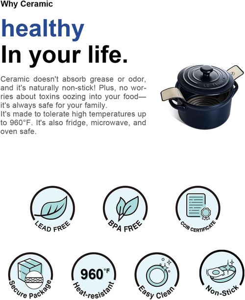 LE TAUCI 3 Qt Ceramic Dutch Oven - Lightweight, Non-Toxic Bread Baking with Silicone Sling | Oven & Dishwasher Safe, Midnight Blue