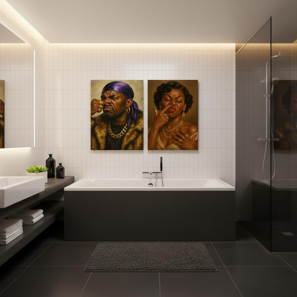 TEOVGKN Funny African American Bathroom Wall Art - Humorous Black Couple Canvas Prints | Framed 12x16 in