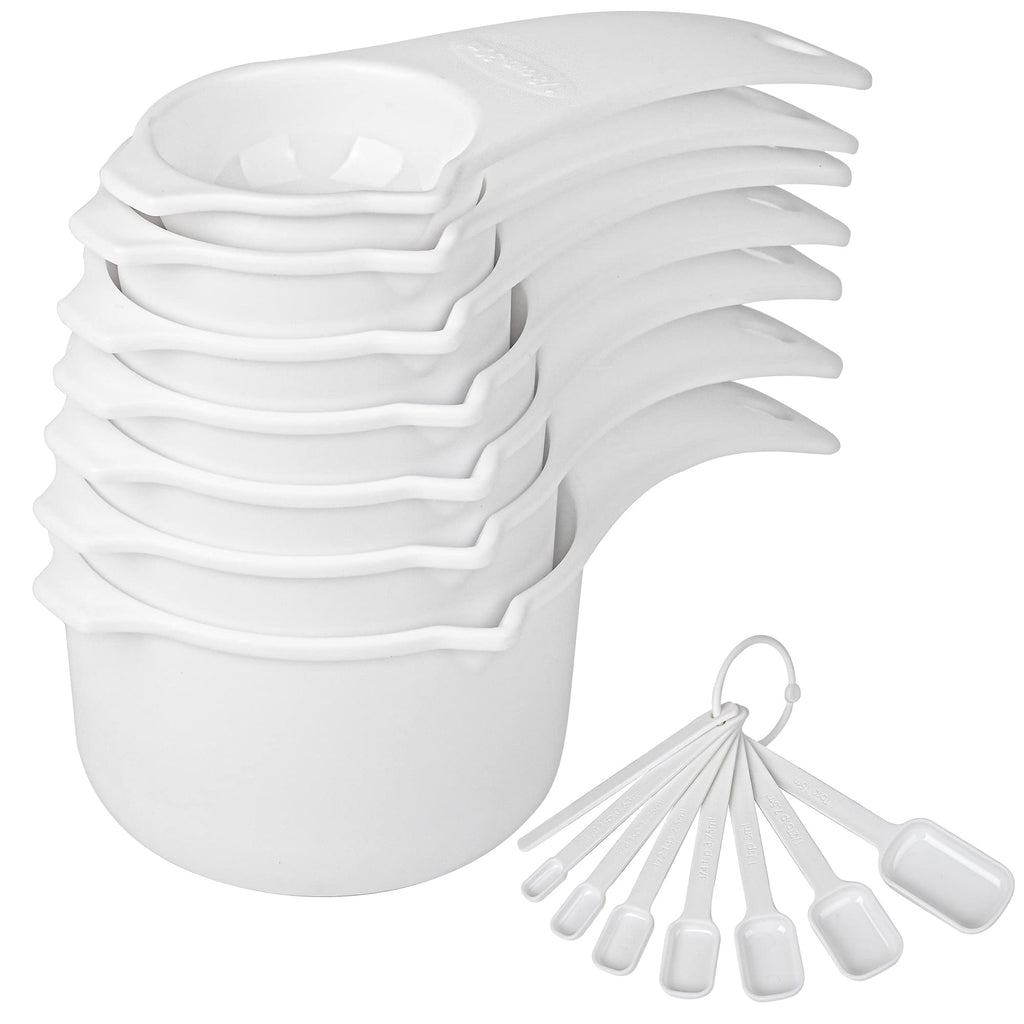 SPUVGVC Plastic Measuring Cups and Spoons Set, White Dry Measuring cups Set with Spout and Leveler for Kitchen and Baking, BPA free and Dishwasher Safe, Nesting Measuring Cups Set 15