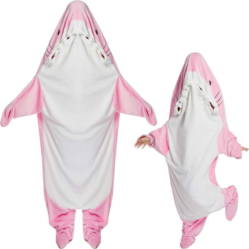 Shark Blanket Hoodie Onesie for Adult Kids, Cozy Flannel Throw Wearable Blanket, Cartoon Animals Shark Onesie Shark Costume (Pink, X-Large)