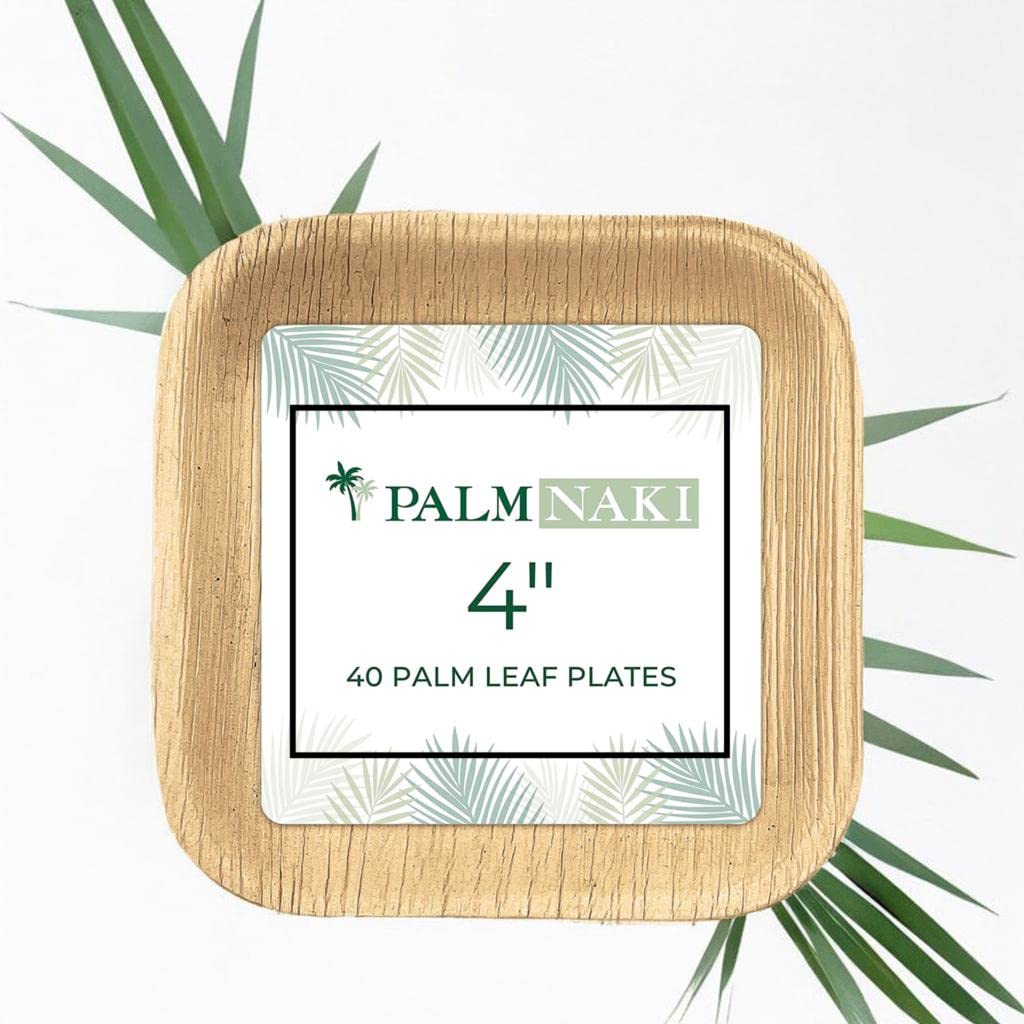 PALM NAKI Palm Leaf Plates | 4" Square Condiment Plates | Compostable Bamboo-Style Plates | Ideal for Events, Gatherings, and Everyday Elegance - 40 Pack