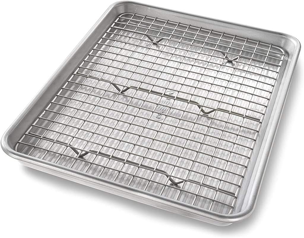 USA Pan Bakeware Quarter Sheet Baking Pan Set - Nonstick Metal with Cooling Rack