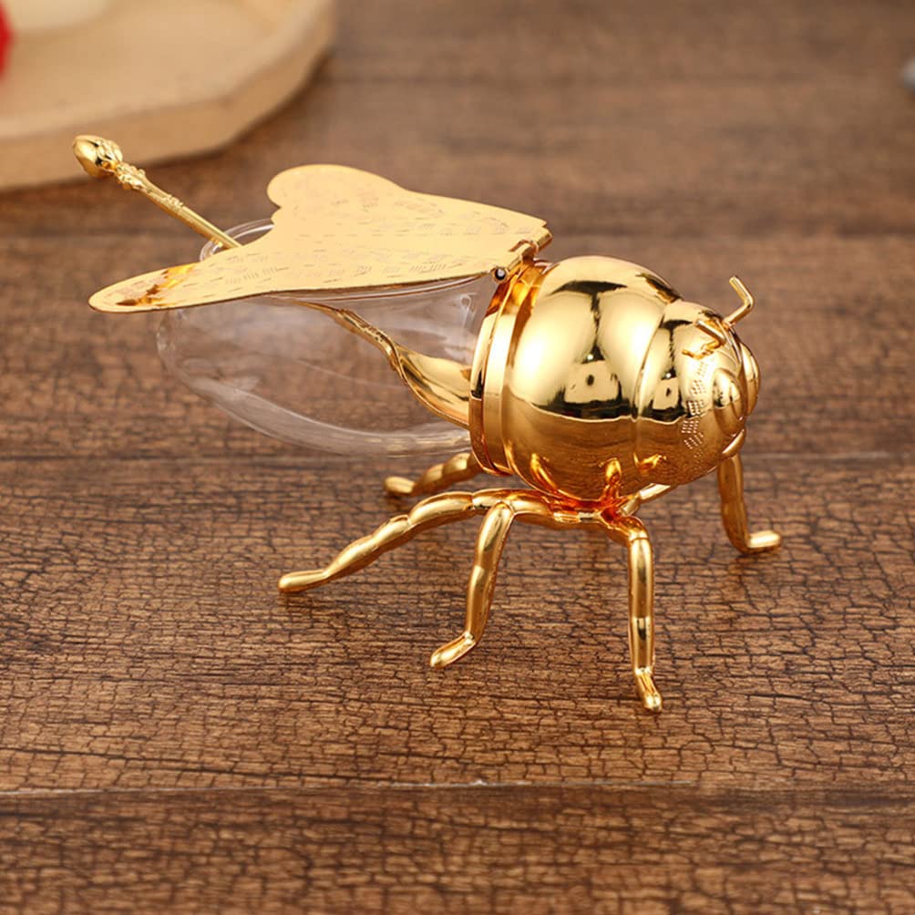 UPKOCH Bee Honey Jar, Glass Honey Pot Container, Syrup Dispenser, Crystal Condiment Pot with Spoon, Sugar Holder Bowl with Decorative Statue for Kitchen Home, Golden