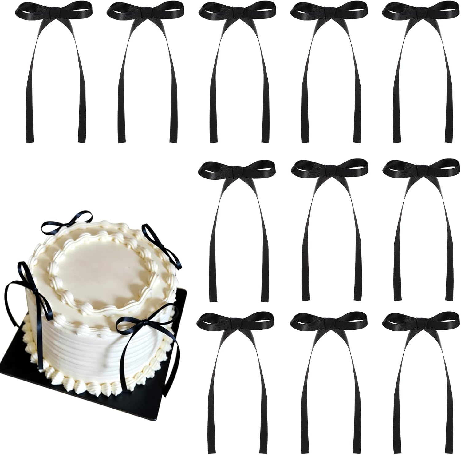 Skiennix 30 Pack Bow Cake Toppers - Elegant Black Ribbon Bows for Graduation & Wedding Celebrations