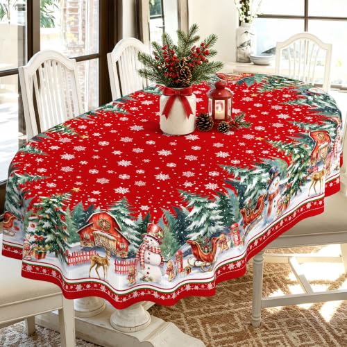 Oval 60x120in Red Snowflake Christmas Tablecloth - Tree, Santa & Gingerbread Design